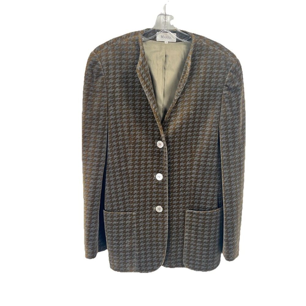Marisa Vtg Long Line Velvet Blazer Houndstooth Brown Sz 42 Italy Sz Large